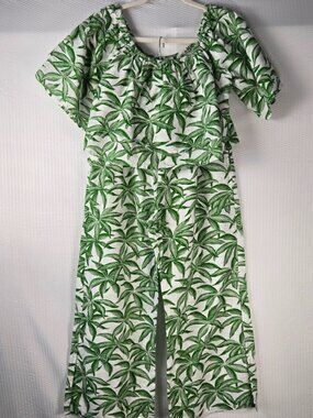 J. Gee Tropical Printed Jumpsuit Smocked Square Neckline & Wide-Leg Capri Size M